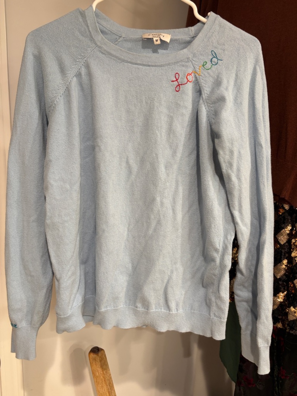 Light Blue Crewneck Sweater with 'Loved' Embroidery by Society